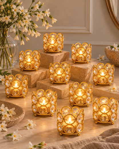 Crystal Tealight Candle Holder Votives Bowl Candle Holders for Home Decoration, Diya Diwali Decoration Lights Centerpieces for Wedding Home Party Table Decoration, Gold, Pack of 6 & 10