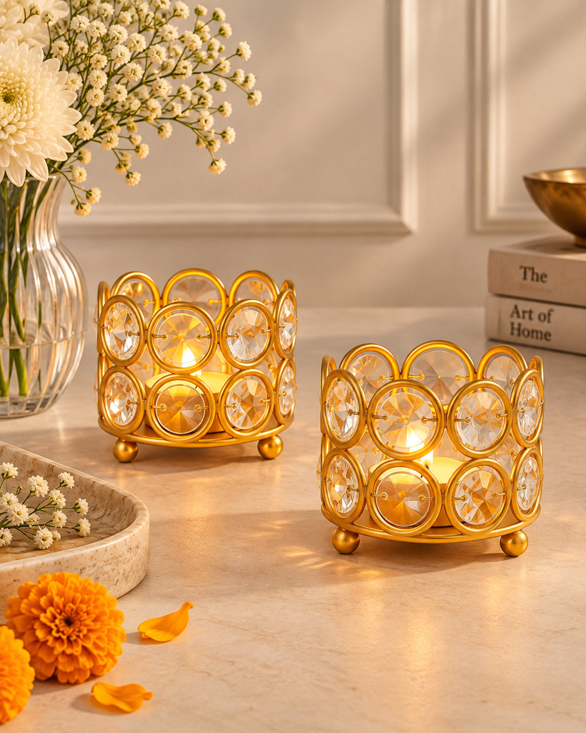 Crystal Tealight Candle Holder Votives Bowl Candle Holders for Home Decoration, Diya Diwali Decoration Lights Centerpieces for Wedding Home Party Table Decoration, Gold, Pack of 6 & 10