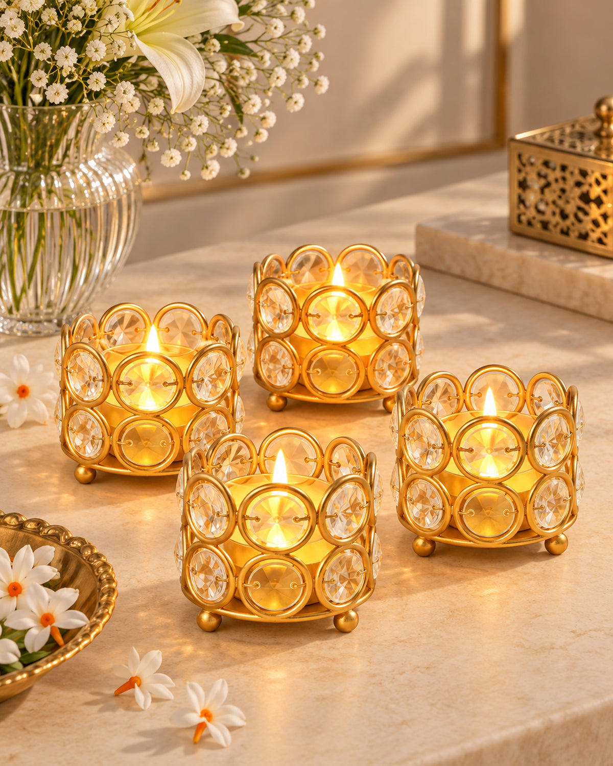 Crystal Tealight Candle Holder Votives Bowl Candle Holders for Home Decoration, Diya Diwali Decoration Lights Centerpieces for Wedding Home Party Table Decoration, Gold, Pack of 6 & 10