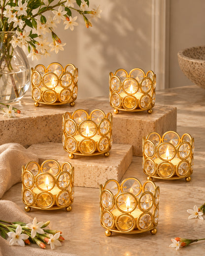 Crystal Tealight Candle Holder Votives Bowl Candle Holders for Home Decoration, Diya Diwali Decoration Lights Centerpieces for Wedding Home Party Table Decoration, Gold, Pack of 6 & 10