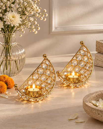 Homesake® Crystal Handcrafted Moon Shaped Tea Light Candle Holder for Home Décor Table Top Living Room for Wedding & Festive Decoration, Ramadan Decoration Eid Home, Gifts Items