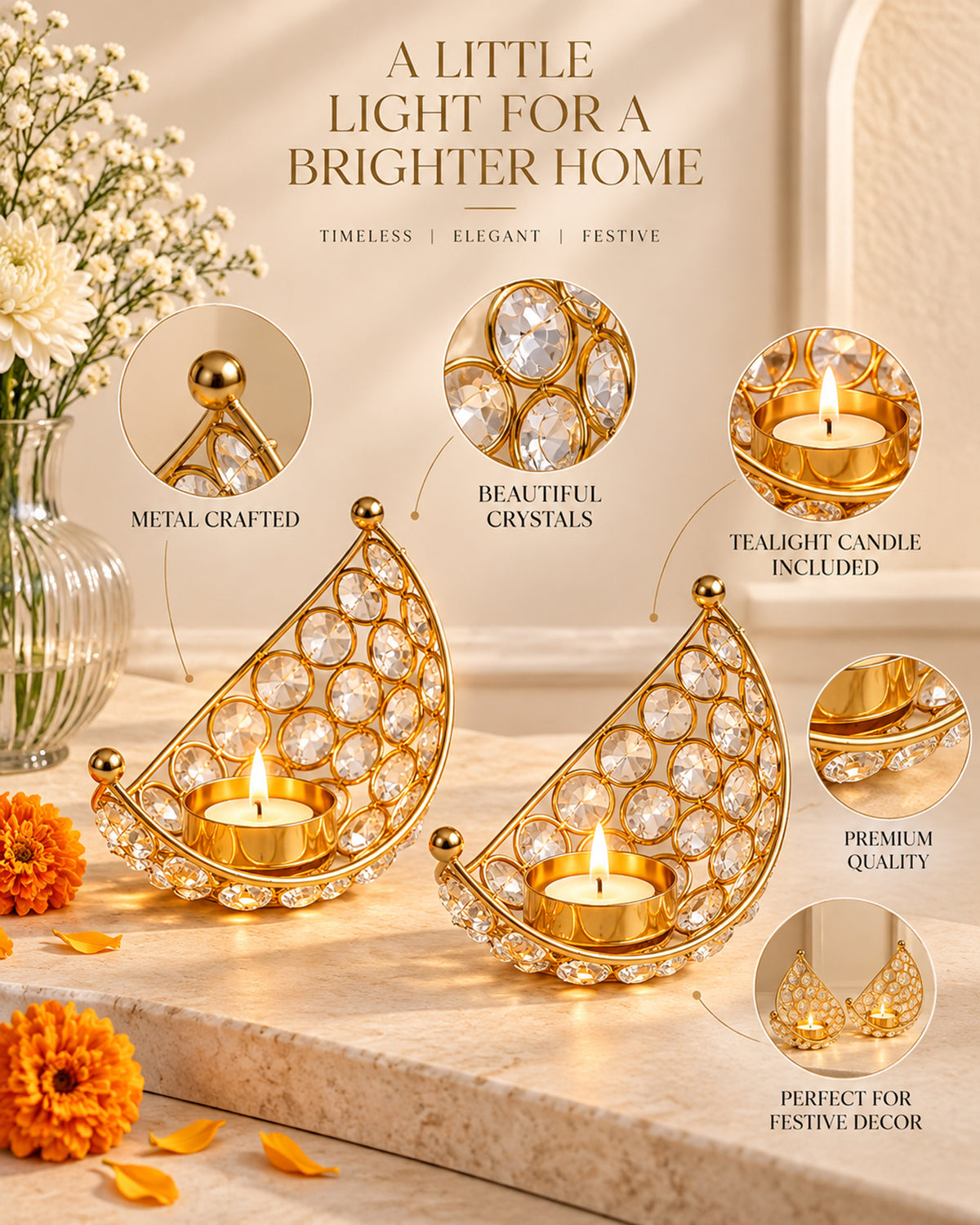 Homesake® Crystal Handcrafted Moon Shaped Tea Light Candle Holder for Home Décor Table Top Living Room for Wedding & Festive Decoration, Ramadan Decoration Eid Home, Gifts Items