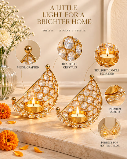 Homesake® Crystal Handcrafted Moon Shaped Tea Light Candle Holder for Home Décor Table Top Living Room for Wedding & Festive Decoration, Ramadan Decoration Eid Home, Gifts Items
