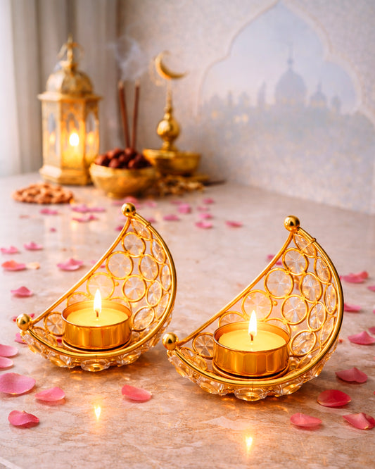 Homesake® Crystal Handcrafted Moon Shaped Tea Light Candle Holder for Home Décor Table Top Living Room for Wedding & Festive Decoration, Ramadan Decoration Eid Home, Gifts Items