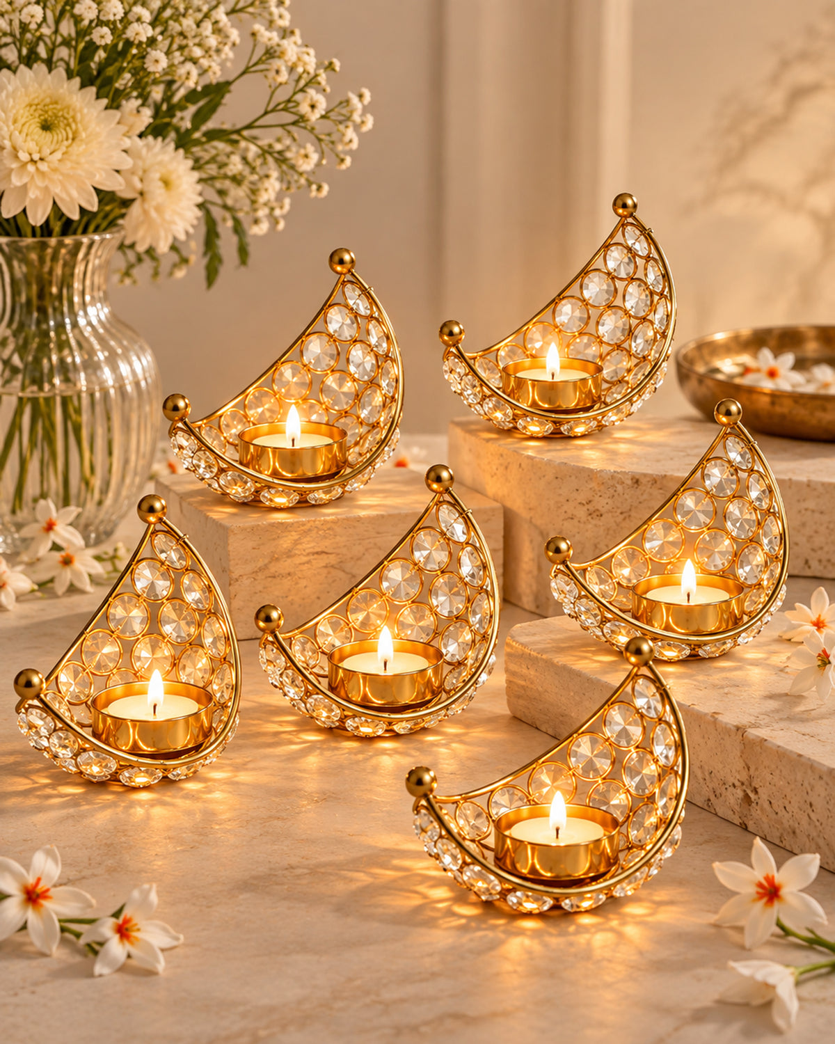 Homesake® Crystal Handcrafted Moon Shaped Tea Light Candle Holder for Home Décor Table Top Living Room for Wedding & Festive Decoration, Ramadan Decoration Eid Home, Gifts Items