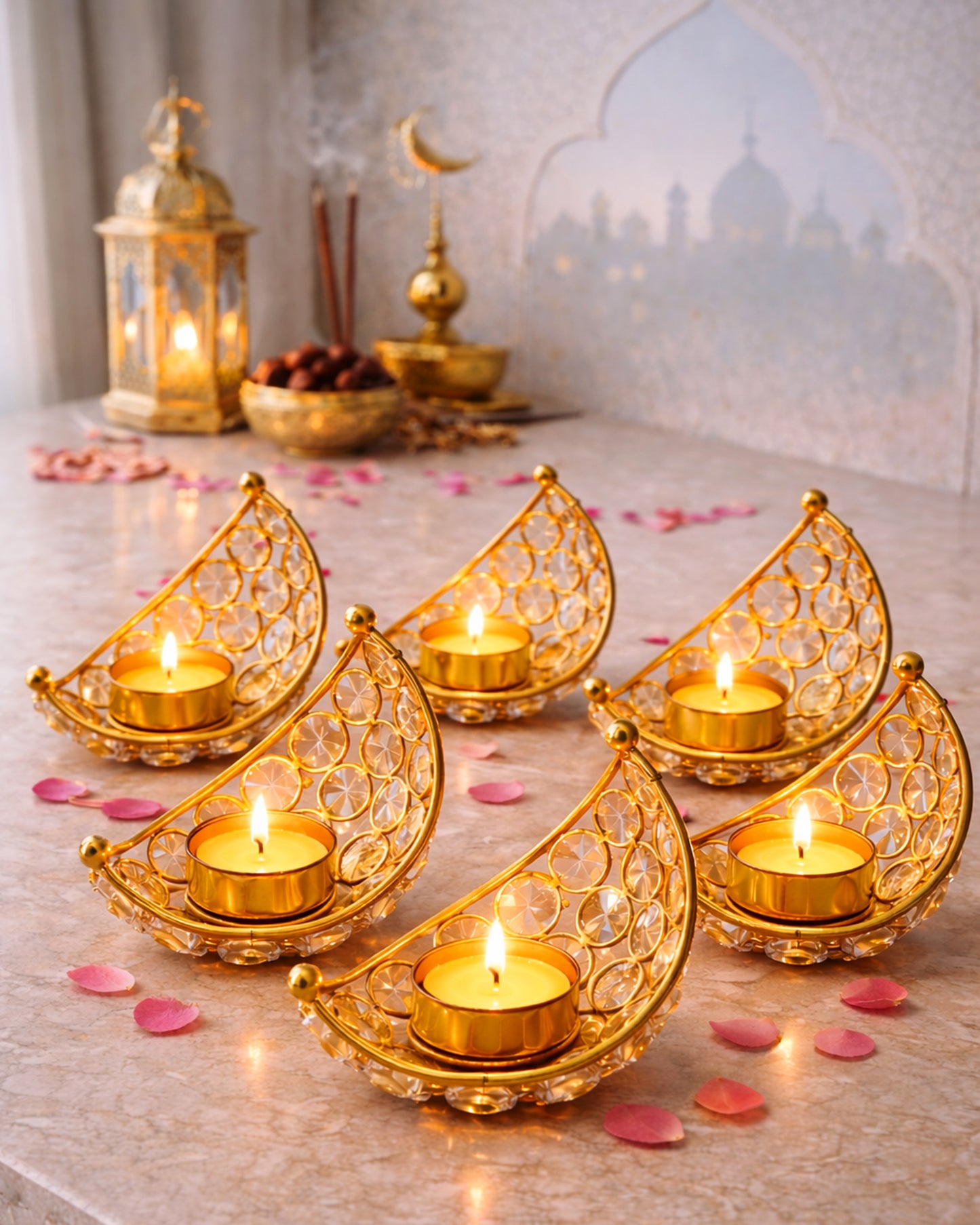 Homesake® Crystal Handcrafted Moon Shaped Tea Light Candle Holder for Home Décor Table Top Living Room for Wedding & Festive Decoration, Ramadan Decoration Eid Home, Gifts Items