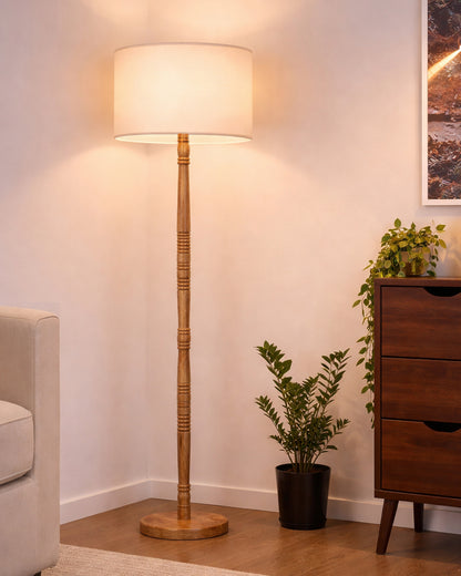 Homesake® Mid Century Modern Floor Lamp for Living Room | Hand turned | Corner Lamp for Living Room, Stand Lamp with Fabric Lampshade for Bedroom, Study Room and Office, (Vine and Flowers)