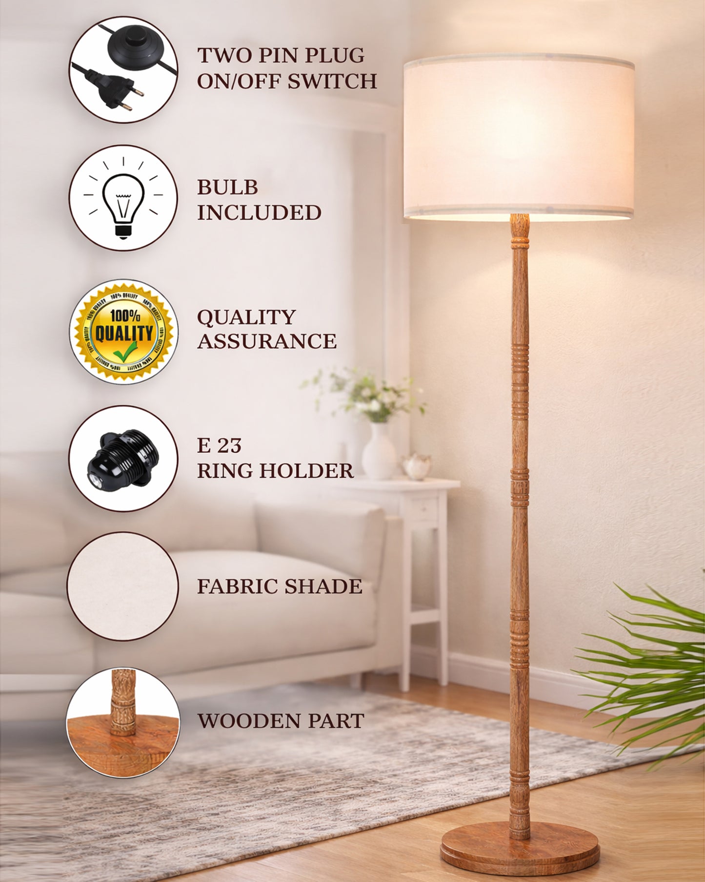 Homesake® Mid Century Modern Floor Lamp for Living Room | Hand turned | Corner Lamp for Living Room, Stand Lamp with Fabric Lampshade for Bedroom, Study Room and Office, (Vine and Flowers)