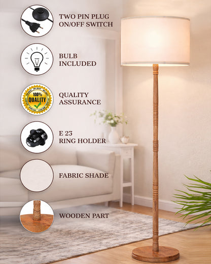 Homesake® Mid Century Modern Floor Lamp for Living Room | Hand turned | Corner Lamp for Living Room, Stand Lamp with Fabric Lampshade for Bedroom, Study Room and Office, (Vine and Flowers)