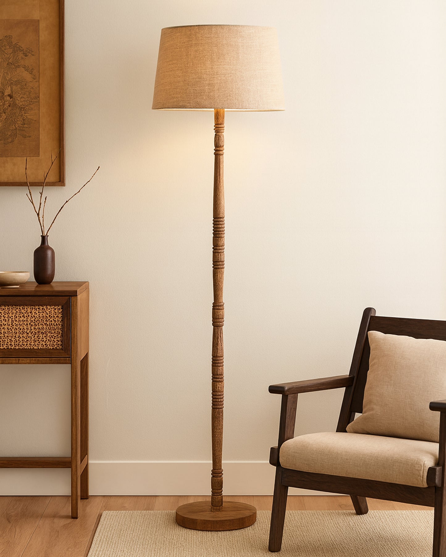 Mid Century Modern Floor Lamp,Hand turned Floor Lamp Wood for Living Room,Stand Lamp with Fabric Lampshade for Bedroom, Study Room and Office, Jute