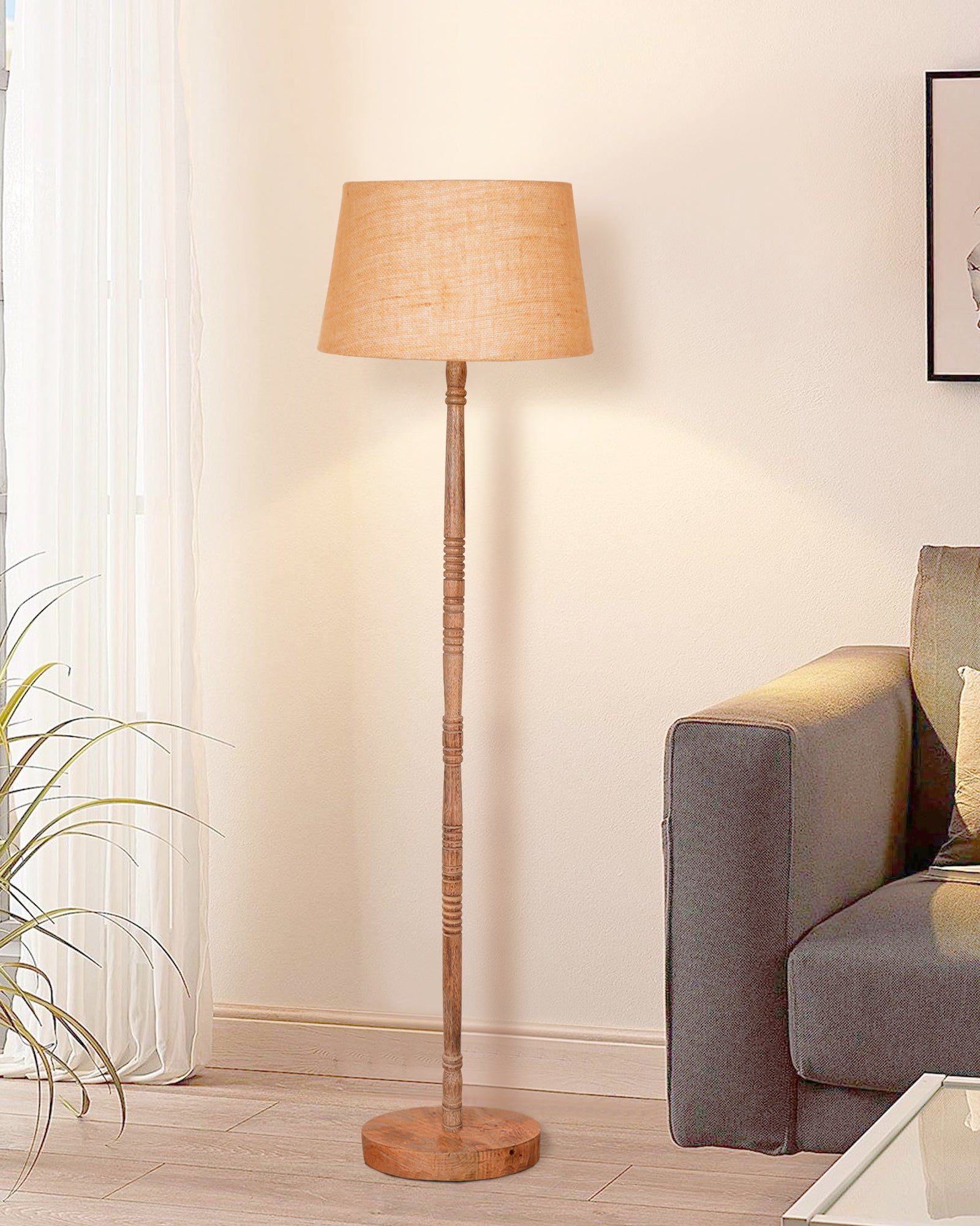 Mid Century Modern Floor Lamp,Hand turned Floor Lamp Wood for Living  Room,Stand Lamp with Fabric Lampshade for Bedroom, Study Room and Office,  Jute