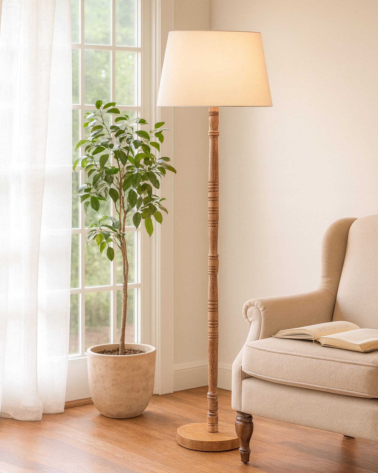 Mid Century Modern Floor Lamp,Hand turned Floor Lamp Wood for Living Room,Stand Lamp with Fabric Lampshade for Bedroom, Study Room and Office, Jute
