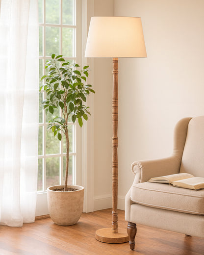 Mid Century Modern Floor Lamp,Hand turned Floor Lamp Wood for Living Room,Stand Lamp with Fabric Lampshade for Bedroom, Study Room and Office, Jute