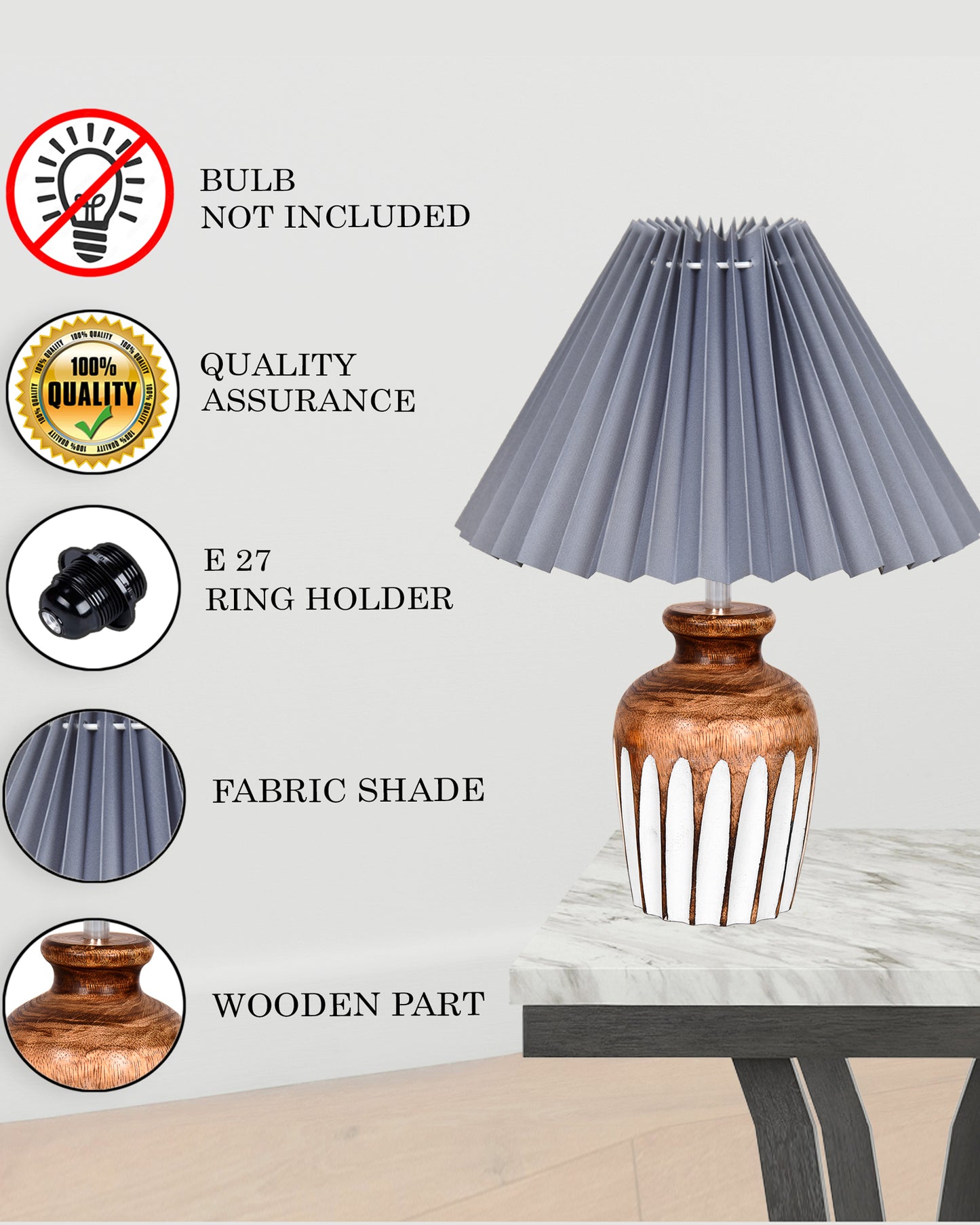 Small Cute Bedside Lamp with Linen Beige Lampshade, Nightstand Lamp for Nursery, Bedroom, Kid Room, Living Room, Light Brown Wooden Base, E27, Ribbed Urn, Pleated Jute