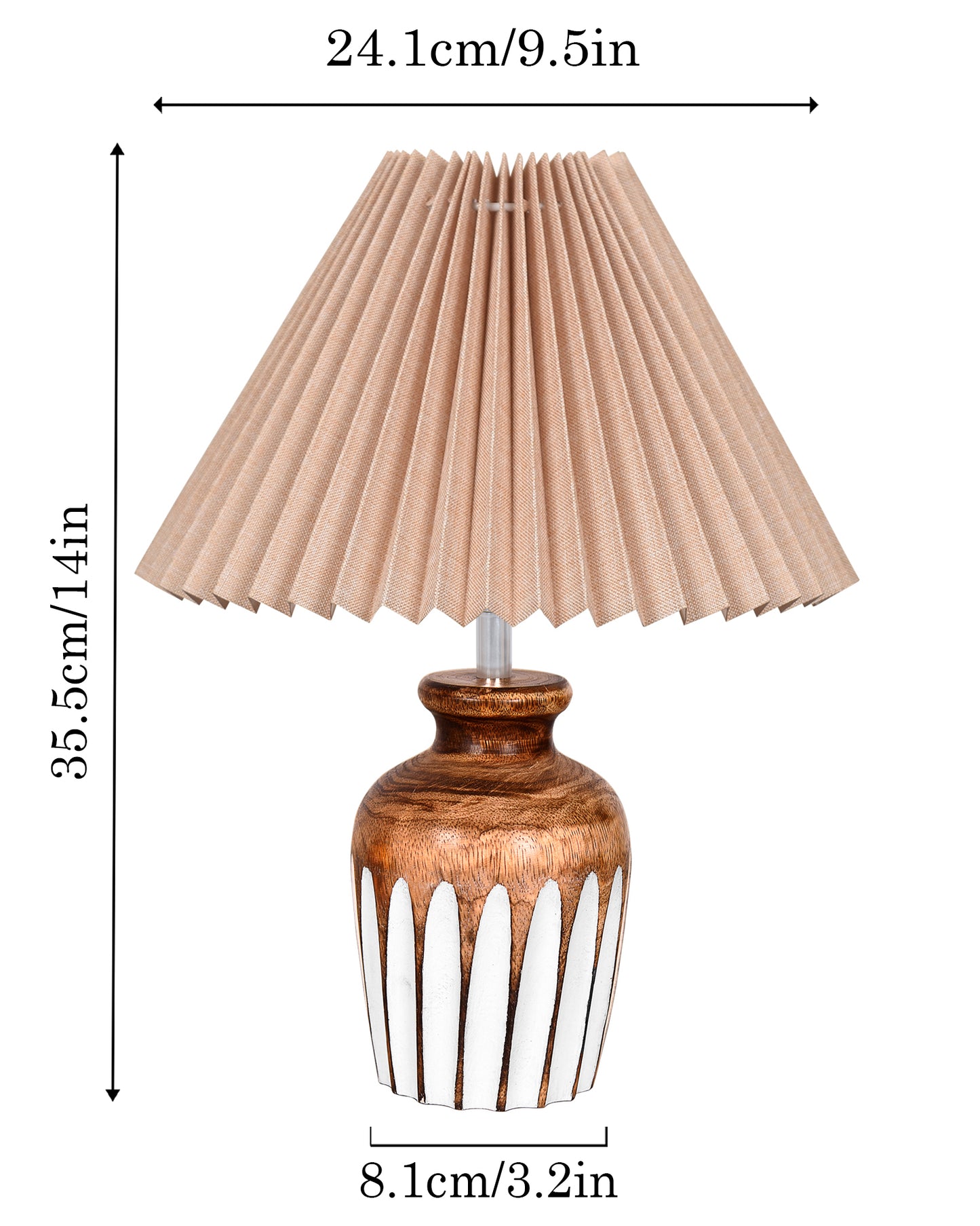 Small Cute Bedside Lamp with Linen Beige Lampshade, Nightstand Lamp for Nursery, Bedroom, Kid Room, Living Room, Light Brown Wooden Base, E27, Ribbed Urn, Pleated Jute