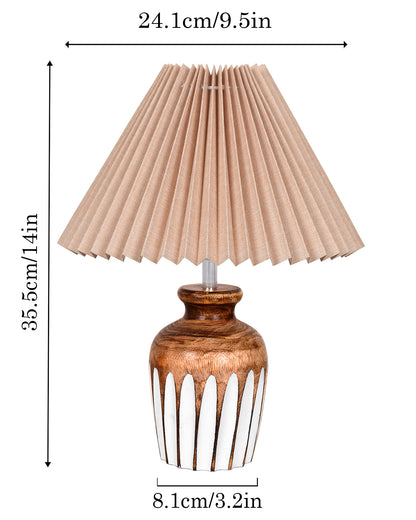 Small Cute Bedside Lamp with Linen Beige Lampshade, Nightstand Lamp for Nursery, Bedroom, Kid Room, Living Room, Light Brown Wooden Base, E27, Ribbed Urn, Pleated Jute