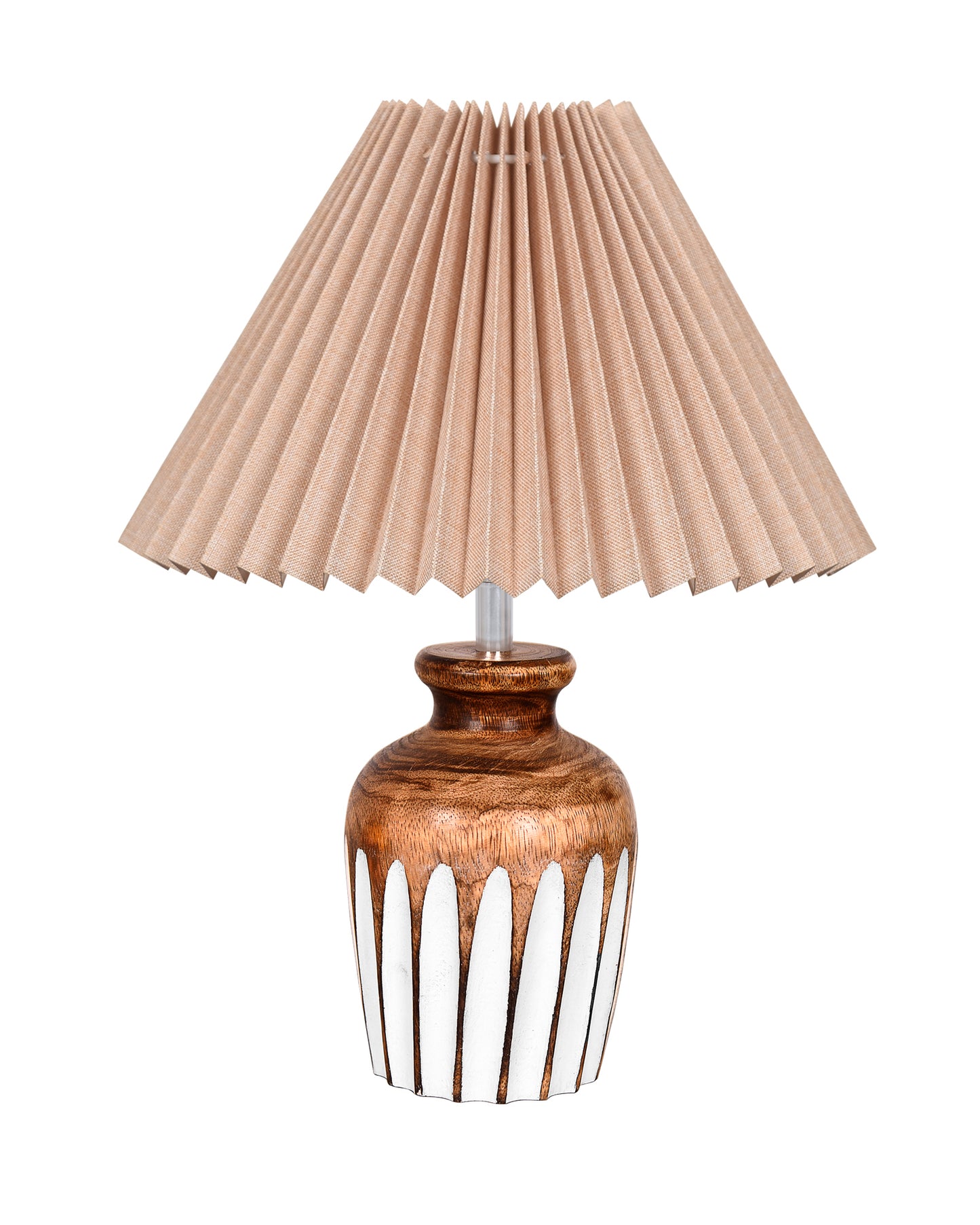 Small Cute Bedside Lamp with Linen Beige Lampshade, Nightstand Lamp for Nursery, Bedroom, Kid Room, Living Room, Light Brown Wooden Base, E27, Ribbed Urn, Pleated Jute
