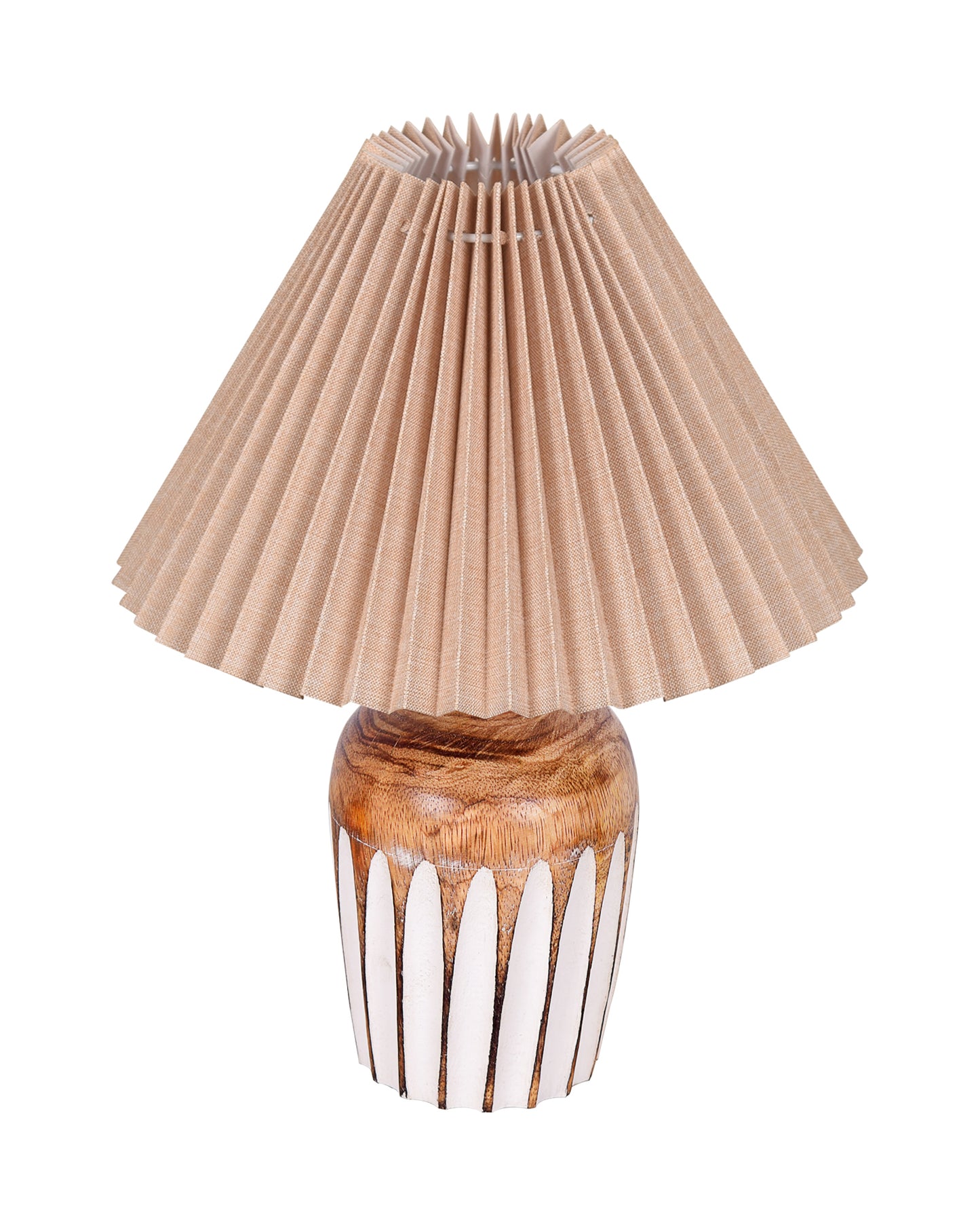 Small Cute Bedside Lamp with Linen Beige Lampshade, Nightstand Lamp for Nursery, Bedroom, Kid Room, Living Room, Light Brown Wooden Base, E27, Ribbed Urn, Pleated Jute