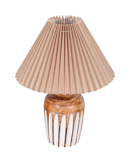 Small Cute Bedside Lamp with Linen Beige Lampshade, Nightstand Lamp for Nursery, Bedroom, Kid Room, Living Room, Light Brown Wooden Base, E27, Ribbed Urn, Pleated Jute