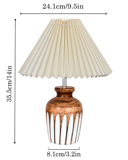 Small Cute Bedside Lamp with Linen Beige Lampshade, Nightstand Lamp for Nursery, Bedroom, Kid Room, Living Room, Light Brown Wooden Base, E27, Ribbed Urn, Pleated Jute
