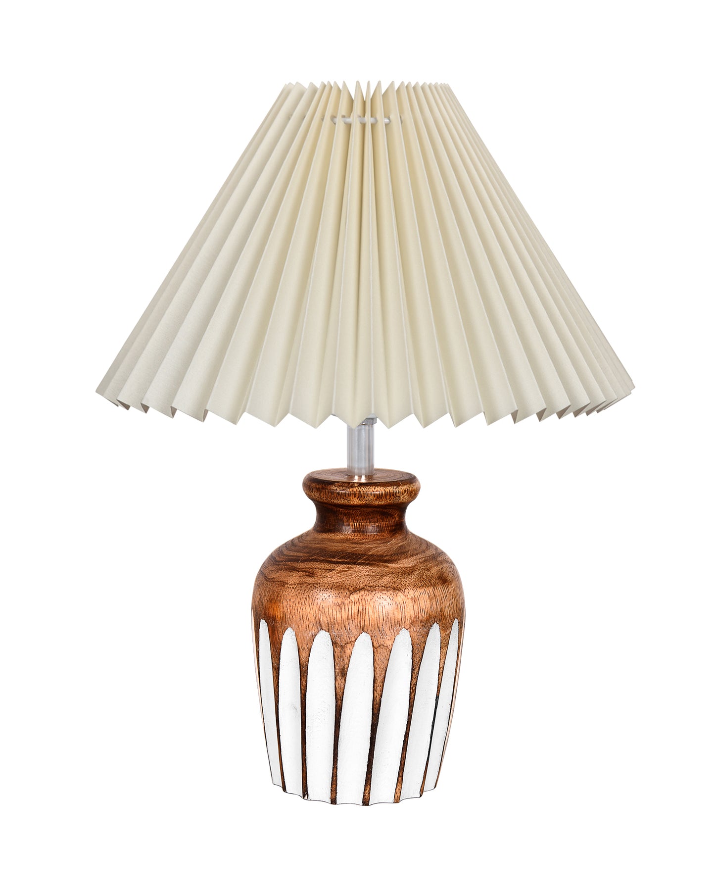 Small Cute Bedside Lamp with Linen Beige Lampshade, Nightstand Lamp for Nursery, Bedroom, Kid Room, Living Room, Light Brown Wooden Base, E27, Ribbed Urn, Pleated Jute