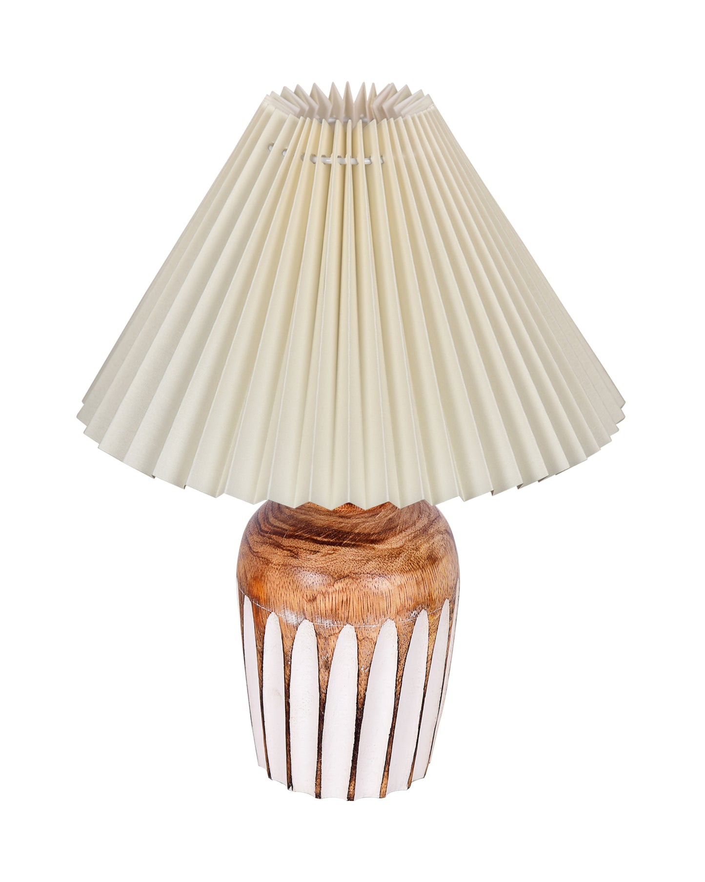 Small Cute Bedside Lamp with Linen Beige Lampshade, Nightstand Lamp for Nursery, Bedroom, Kid Room, Living Room, Light Brown Wooden Base, E27, Ribbed Urn, Pleated Jute