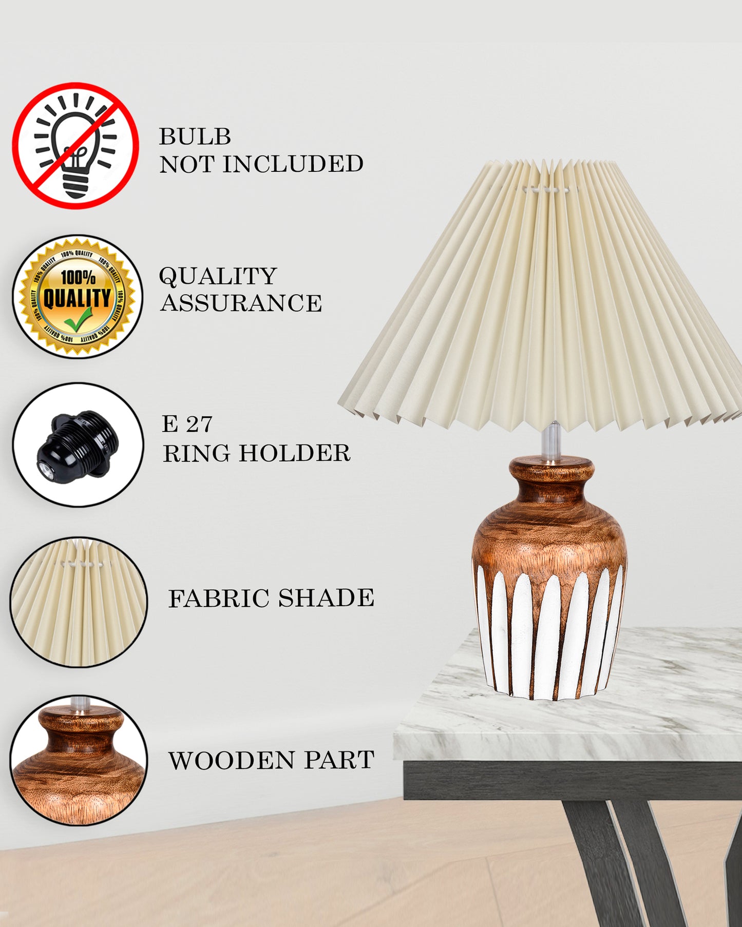 Small Cute Bedside Lamp with Linen Beige Lampshade, Nightstand Lamp for Nursery, Bedroom, Kid Room, Living Room, Light Brown Wooden Base, E27, Ribbed Urn, Pleated Jute