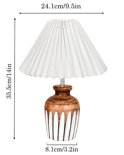 Small Cute Bedside Lamp with Linen Beige Lampshade, Nightstand Lamp for Nursery, Bedroom, Kid Room, Living Room, Light Brown Wooden Base, E27, Ribbed Urn, Pleated Jute