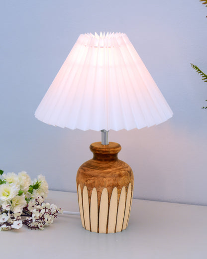 Small Cute Bedside Lamp with Linen Beige Lampshade, Nightstand Lamp for Nursery, Bedroom, Kid Room, Living Room, Light Brown Wooden Base, E27, Ribbed Urn, Pleated Jute