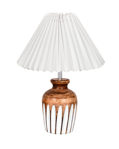 Small Cute Bedside Lamp with Linen Beige Lampshade, Nightstand Lamp for Nursery, Bedroom, Kid Room, Living Room, Light Brown Wooden Base, E27, Ribbed Urn, Pleated Jute