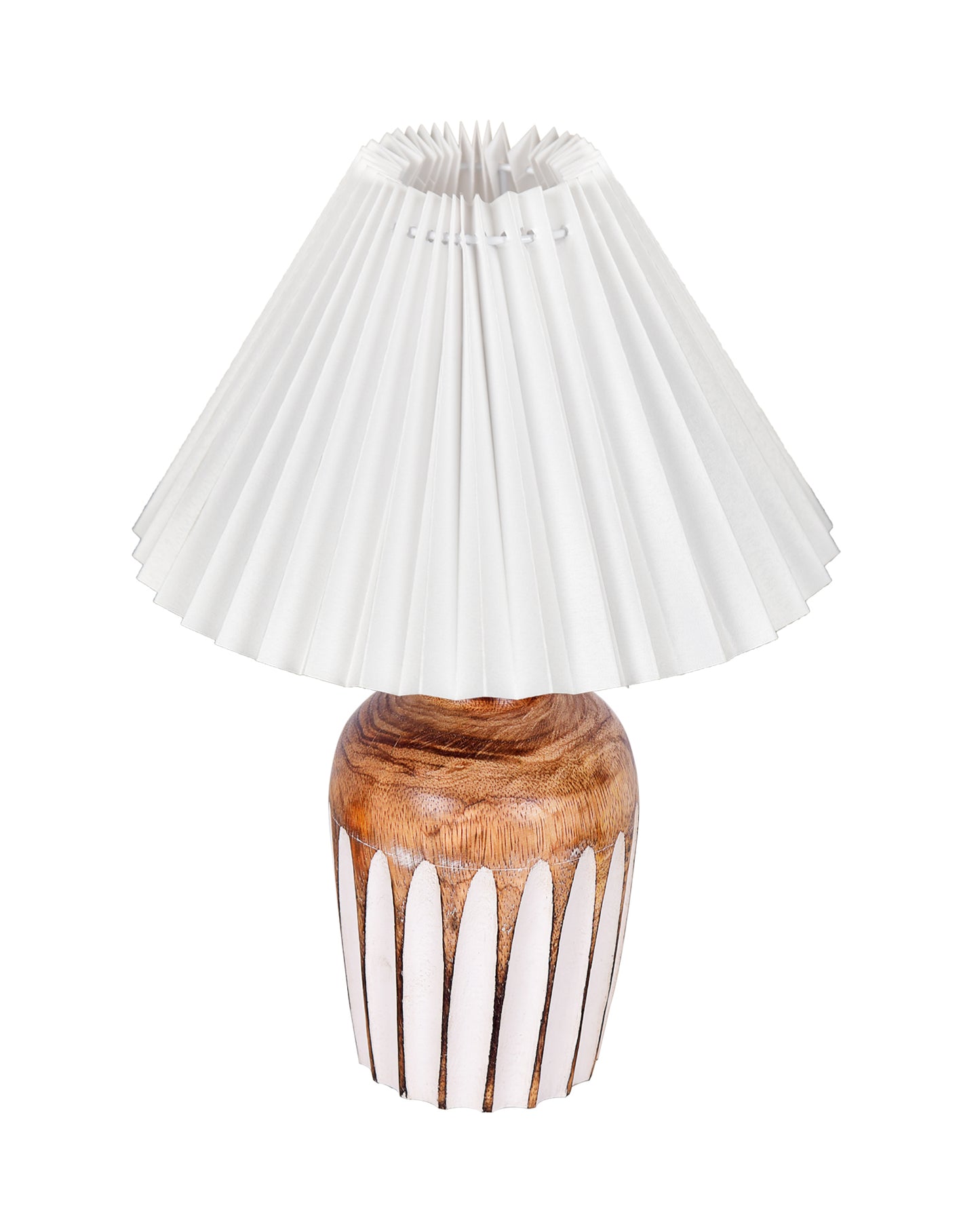 Small Cute Bedside Lamp with Linen Beige Lampshade, Nightstand Lamp for Nursery, Bedroom, Kid Room, Living Room, Light Brown Wooden Base, E27, Ribbed Urn, Pleated Jute