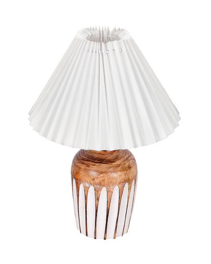 Small Cute Bedside Lamp with Linen Beige Lampshade, Nightstand Lamp for Nursery, Bedroom, Kid Room, Living Room, Light Brown Wooden Base, E27, Ribbed Urn, Pleated Jute