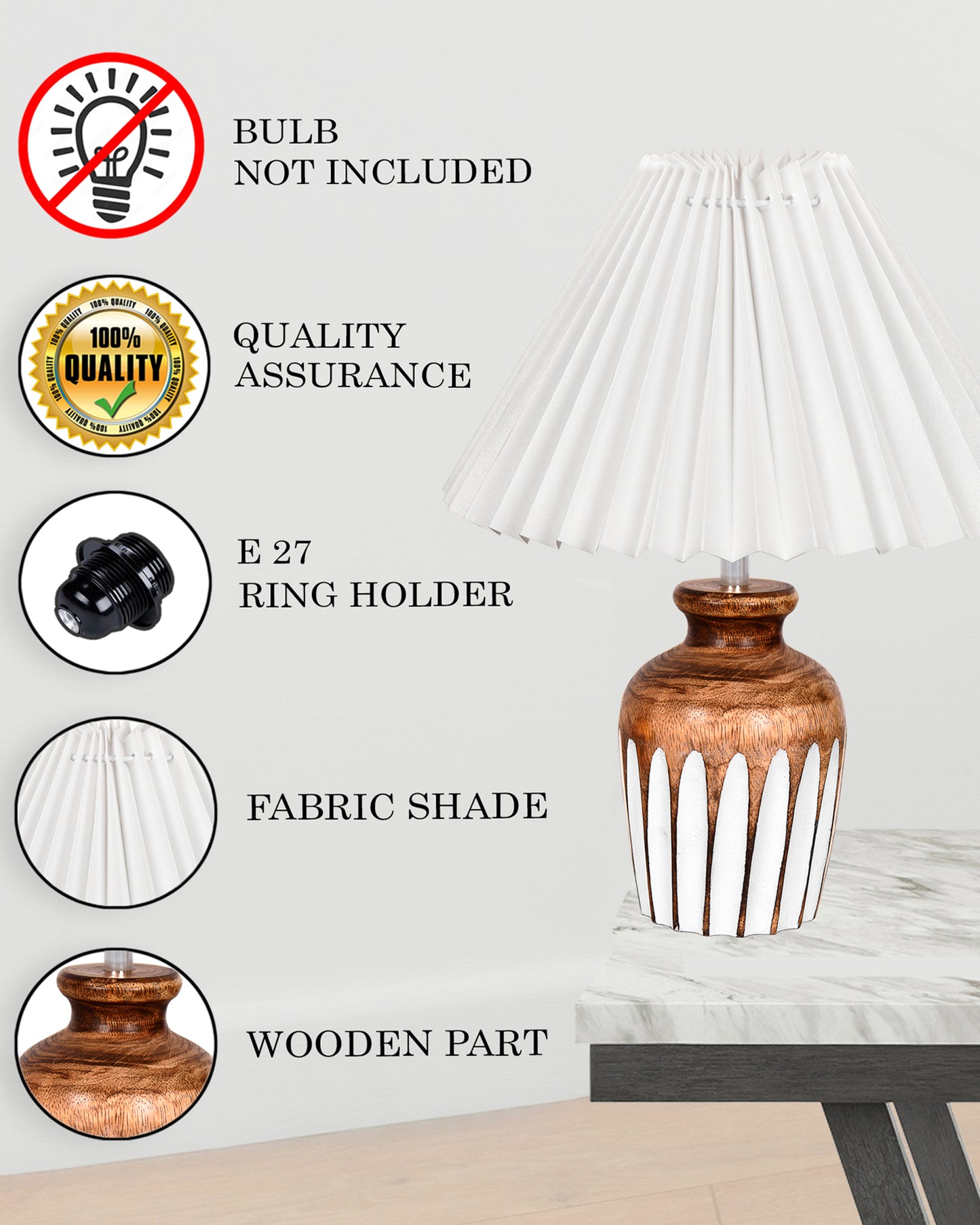 Small Cute Bedside Lamp with Linen Beige Lampshade, Nightstand Lamp for Nursery, Bedroom, Kid Room, Living Room, Light Brown Wooden Base, E27, Ribbed Urn, Pleated Jute