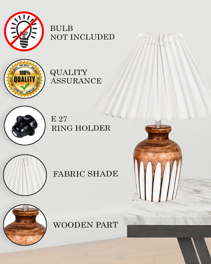 Small Cute Bedside Lamp with Linen Beige Lampshade, Nightstand Lamp for Nursery, Bedroom, Kid Room, Living Room, Light Brown Wooden Base, E27, Ribbed Urn, Pleated Jute