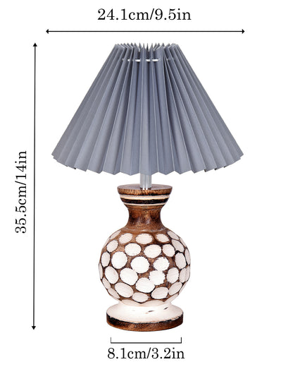 Small Cute Bedside Lamp with Linen Beige Lampshade, Nightstand Lamp for Nursery, Bedroom, Kid Room, Living Room, Light Brown Wooden Base, E27, Carved Ball, Pleated Jute