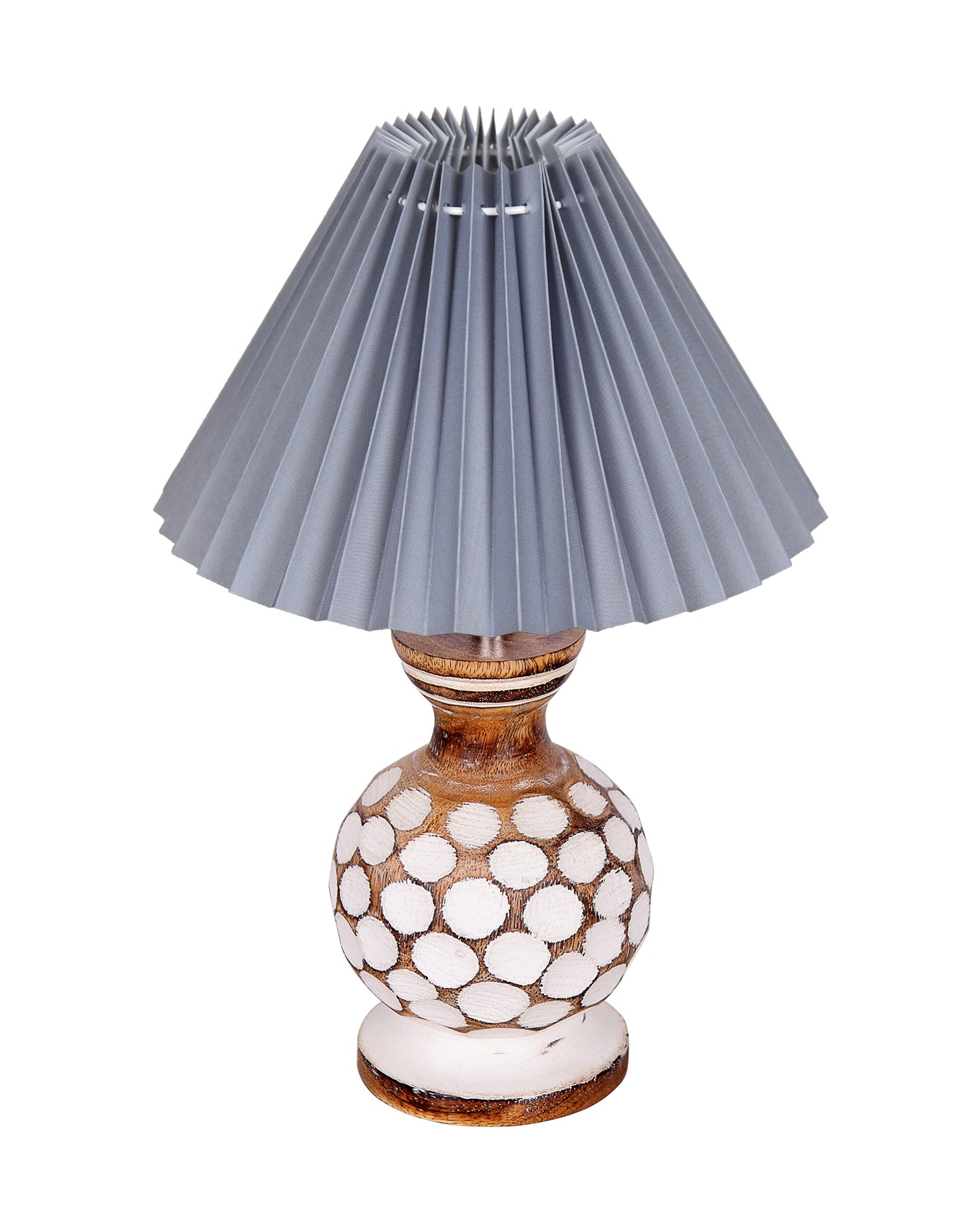 Small Cute Bedside Lamp with Linen Beige Lampshade, Nightstand Lamp for Nursery, Bedroom, Kid Room, Living Room, Light Brown Wooden Base, E27, Carved Ball, Pleated Jute