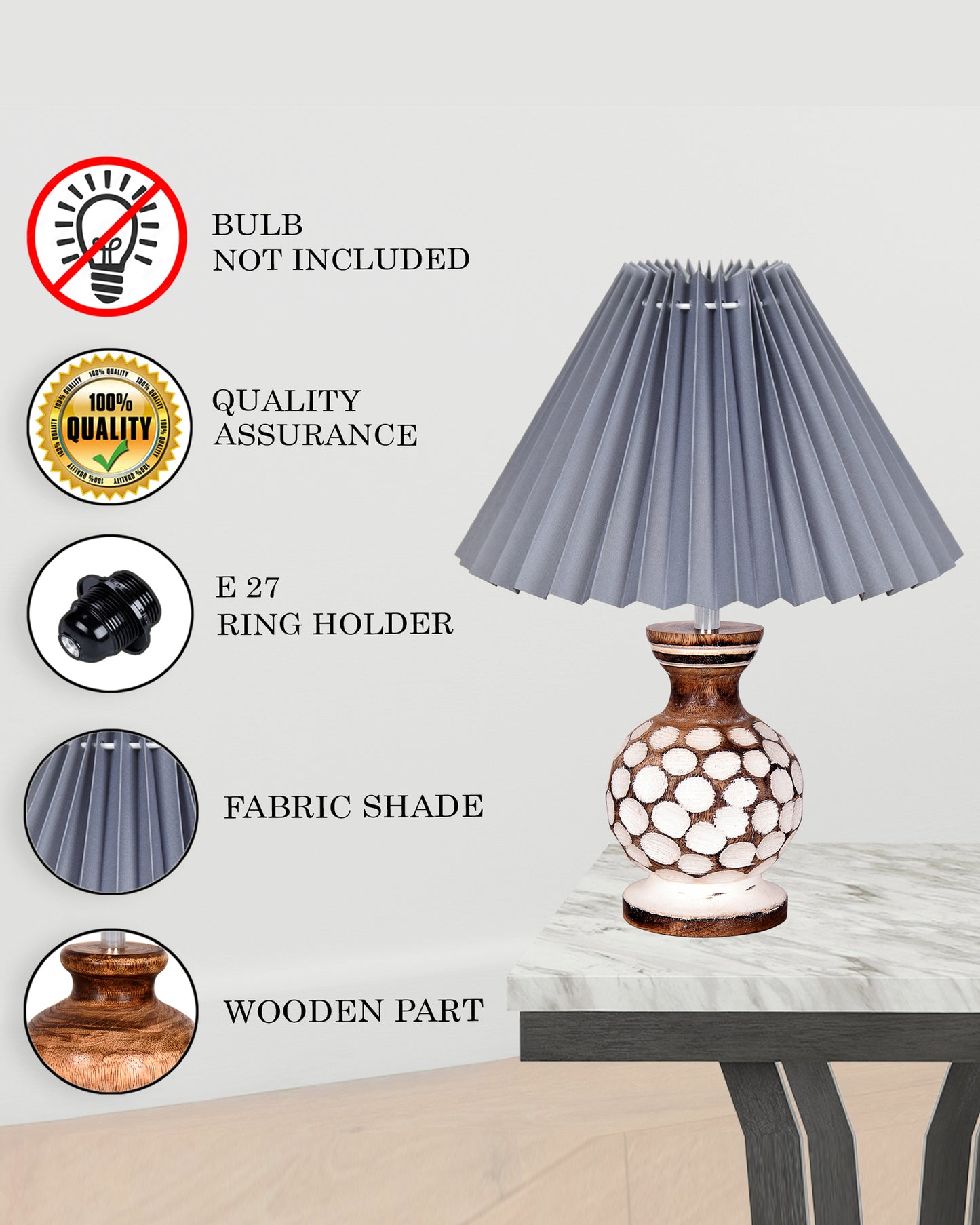 Small Cute Bedside Lamp with Linen Beige Lampshade, Nightstand Lamp for Nursery, Bedroom, Kid Room, Living Room, Light Brown Wooden Base, E27, Carved Ball, Pleated Jute