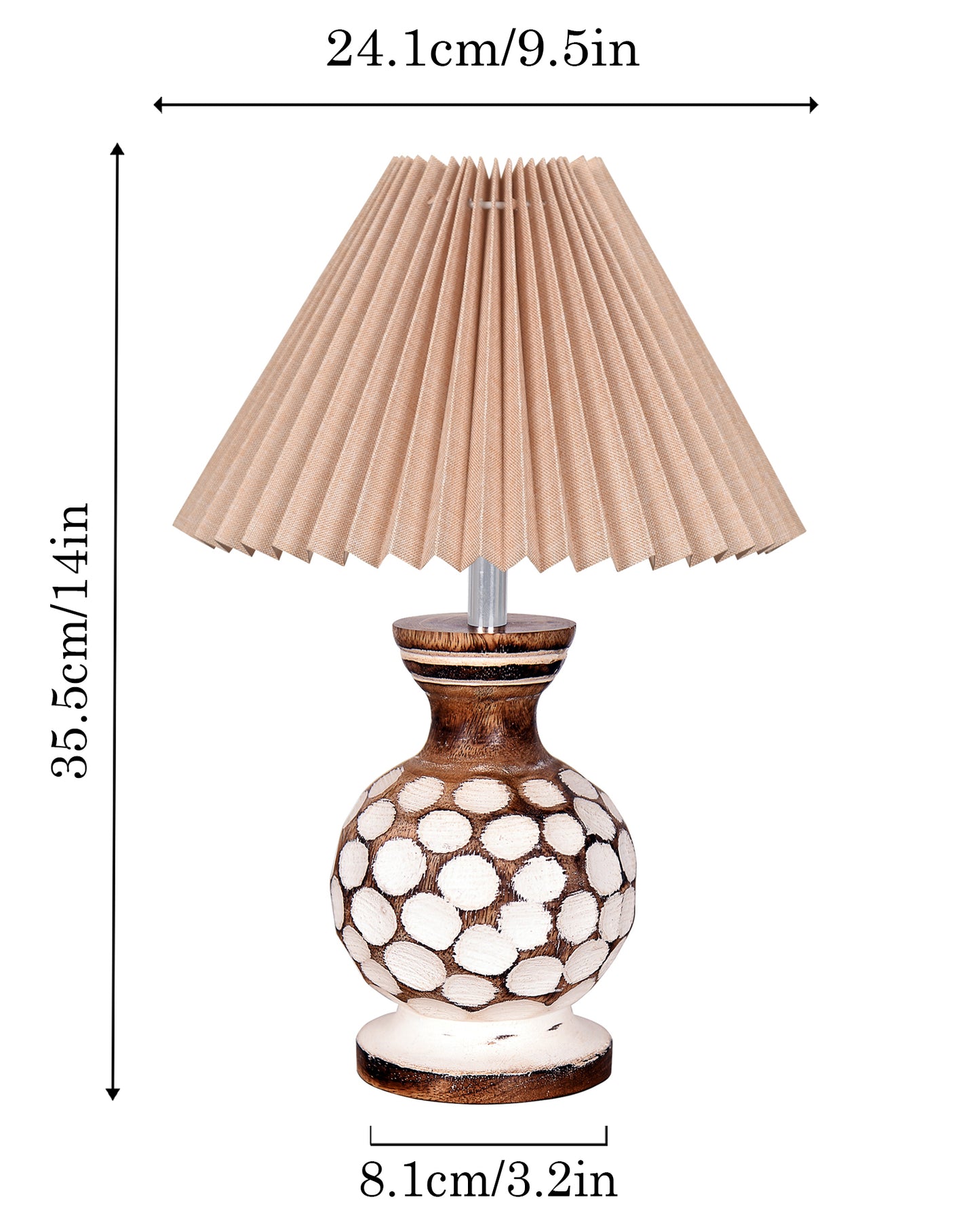 Small Cute Bedside Lamp with Linen Beige Lampshade, Nightstand Lamp for Nursery, Bedroom, Kid Room, Living Room, Light Brown Wooden Base, E27, Carved Ball, Pleated Jute