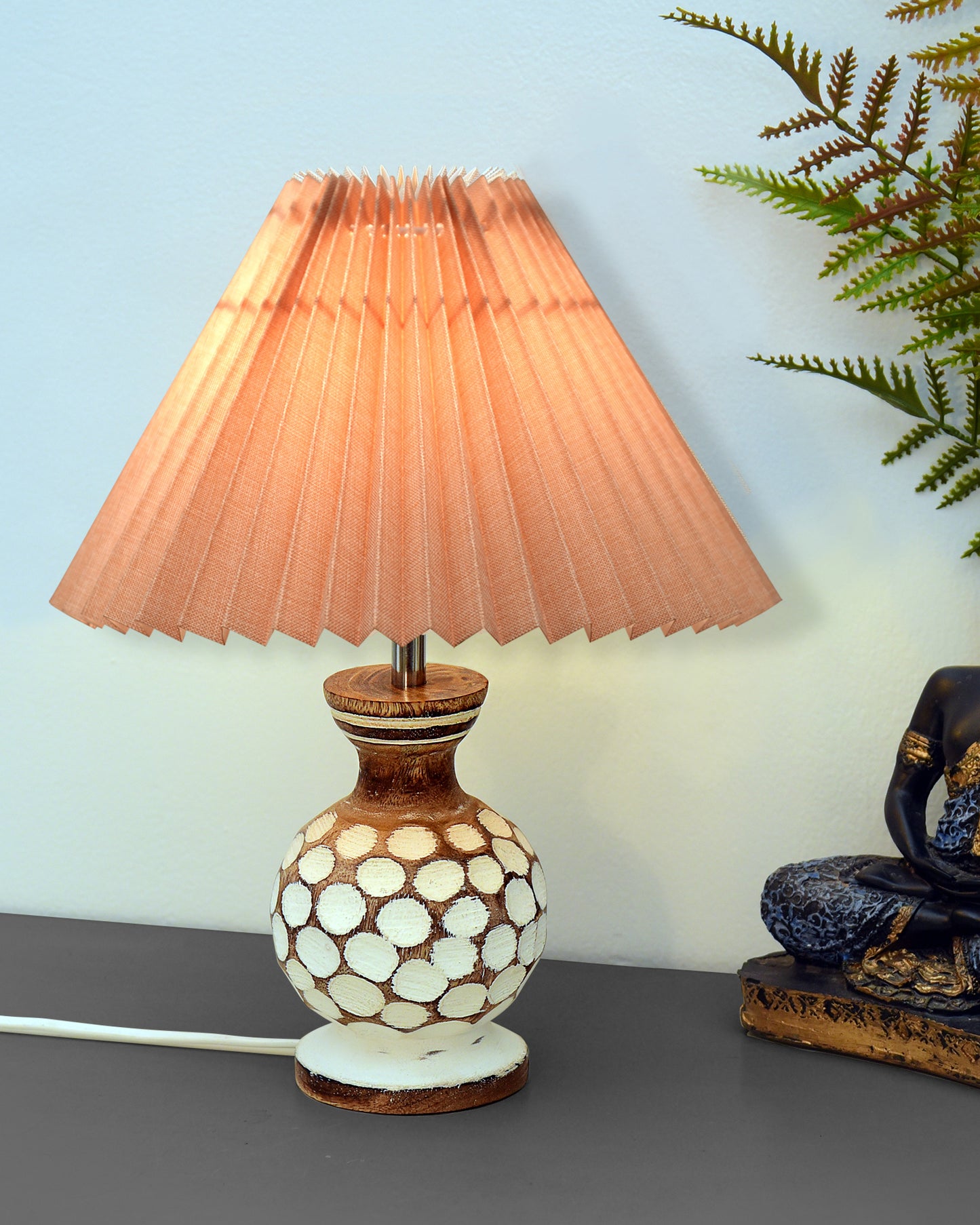 Small Cute Bedside Lamp with Linen Beige Lampshade, Nightstand Lamp for Nursery, Bedroom, Kid Room, Living Room, Light Brown Wooden Base, E27, Carved Ball, Pleated Jute