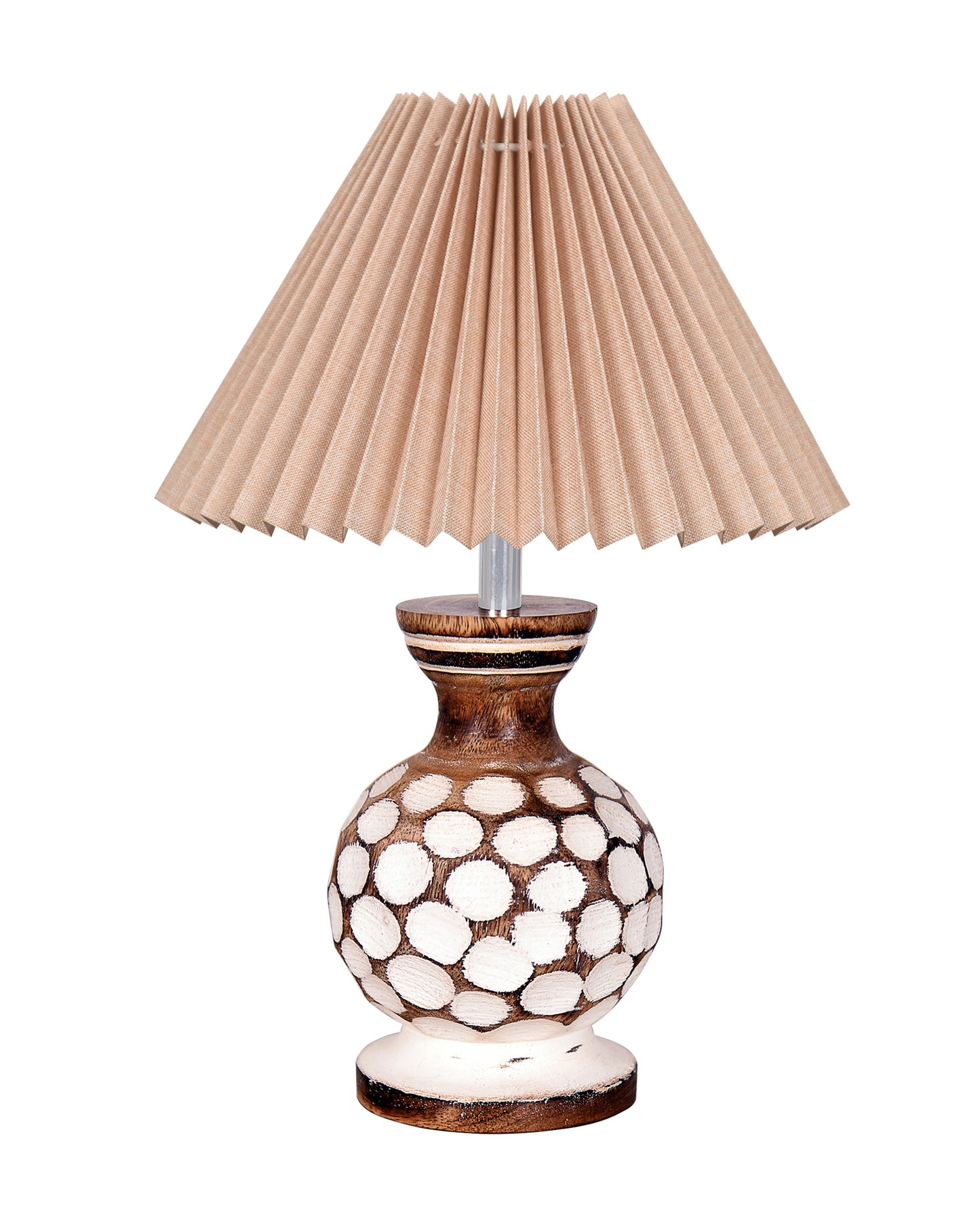 Small Cute Bedside Lamp with Linen Beige Lampshade, Nightstand Lamp for Nursery, Bedroom, Kid Room, Living Room, Light Brown Wooden Base, E27, Carved Ball, Pleated Jute