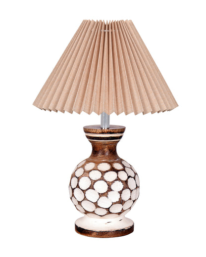 Small Cute Bedside Lamp with Linen Beige Lampshade, Nightstand Lamp for Nursery, Bedroom, Kid Room, Living Room, Light Brown Wooden Base, E27, Carved Ball, Pleated Jute
