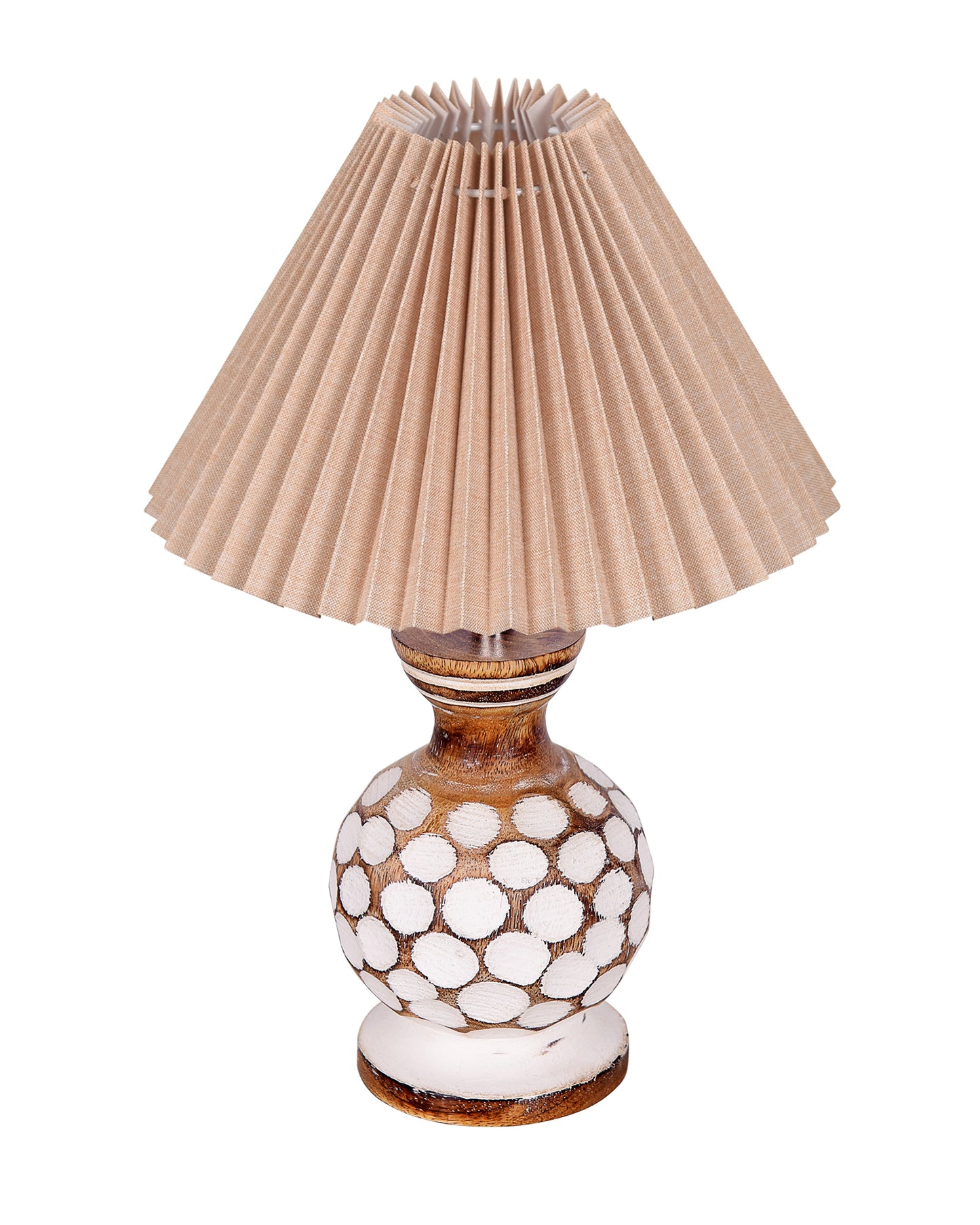 Small Cute Bedside Lamp with Linen Beige Lampshade, Nightstand Lamp for Nursery, Bedroom, Kid Room, Living Room, Light Brown Wooden Base, E27, Carved Ball, Pleated Jute
