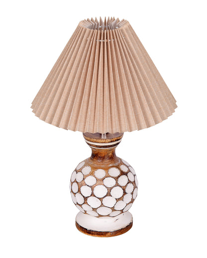 Small Cute Bedside Lamp with Linen Beige Lampshade, Nightstand Lamp for Nursery, Bedroom, Kid Room, Living Room, Light Brown Wooden Base, E27, Carved Ball, Pleated Jute