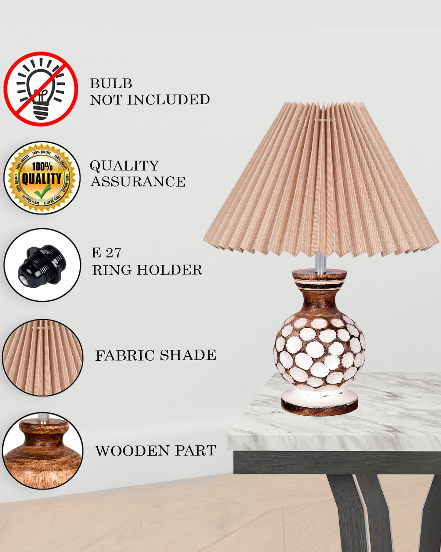 Small Cute Bedside Lamp with Linen Beige Lampshade, Nightstand Lamp for Nursery, Bedroom, Kid Room, Living Room, Light Brown Wooden Base, E27, Carved Ball, Pleated Jute