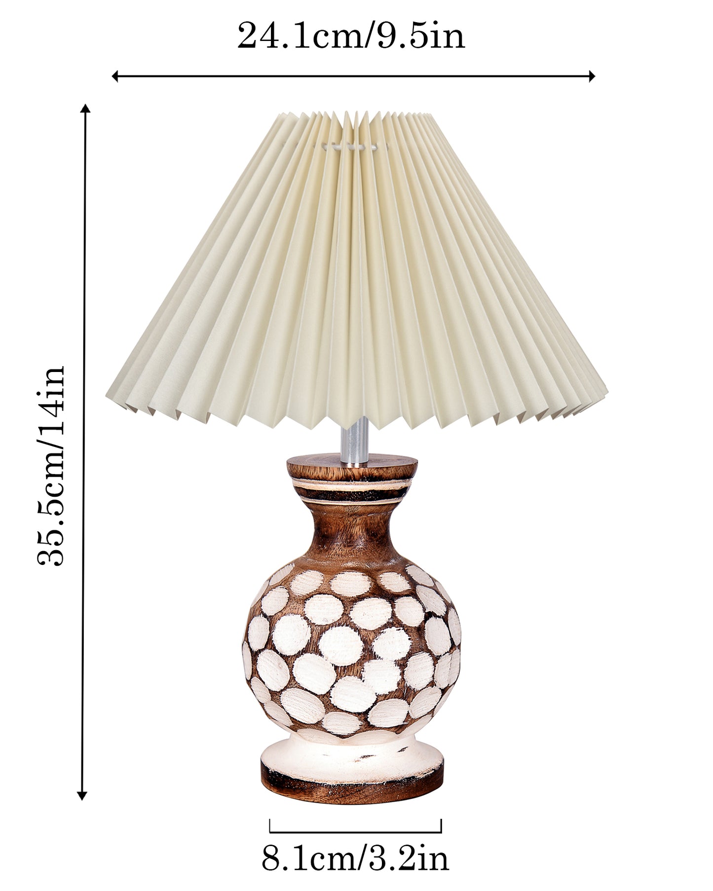 Small Cute Bedside Lamp with Linen Beige Lampshade, Nightstand Lamp for Nursery, Bedroom, Kid Room, Living Room, Light Brown Wooden Base, E27, Carved Ball, Pleated Jute