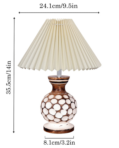 Small Cute Bedside Lamp with Linen Beige Lampshade, Nightstand Lamp for Nursery, Bedroom, Kid Room, Living Room, Light Brown Wooden Base, E27, Carved Ball, Pleated Jute