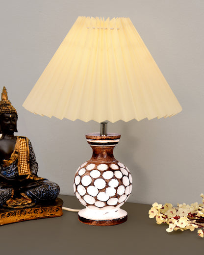 Small Cute Bedside Lamp with Linen Beige Lampshade, Nightstand Lamp for Nursery, Bedroom, Kid Room, Living Room, Light Brown Wooden Base, E27, Carved Ball, Pleated Jute