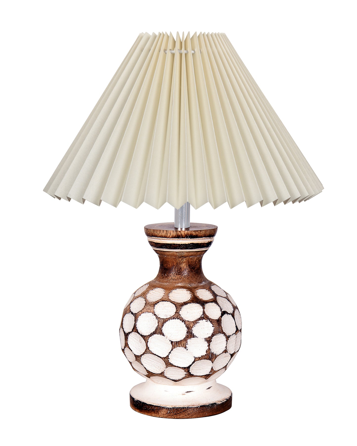 Small Cute Bedside Lamp with Linen Beige Lampshade, Nightstand Lamp for Nursery, Bedroom, Kid Room, Living Room, Light Brown Wooden Base, E27, Carved Ball, Pleated Jute