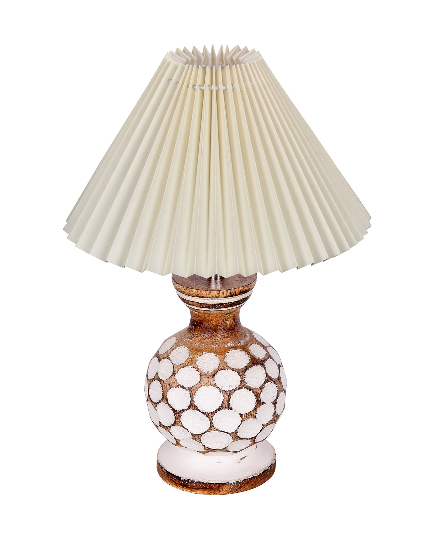 Small Cute Bedside Lamp with Linen Beige Lampshade, Nightstand Lamp for Nursery, Bedroom, Kid Room, Living Room, Light Brown Wooden Base, E27, Carved Ball, Pleated Jute