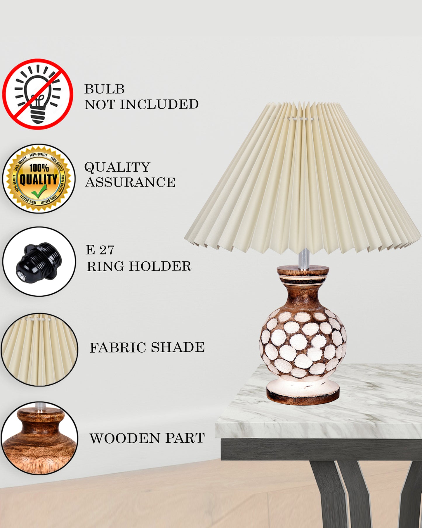 Small Cute Bedside Lamp with Linen Beige Lampshade, Nightstand Lamp for Nursery, Bedroom, Kid Room, Living Room, Light Brown Wooden Base, E27, Carved Ball, Pleated Jute